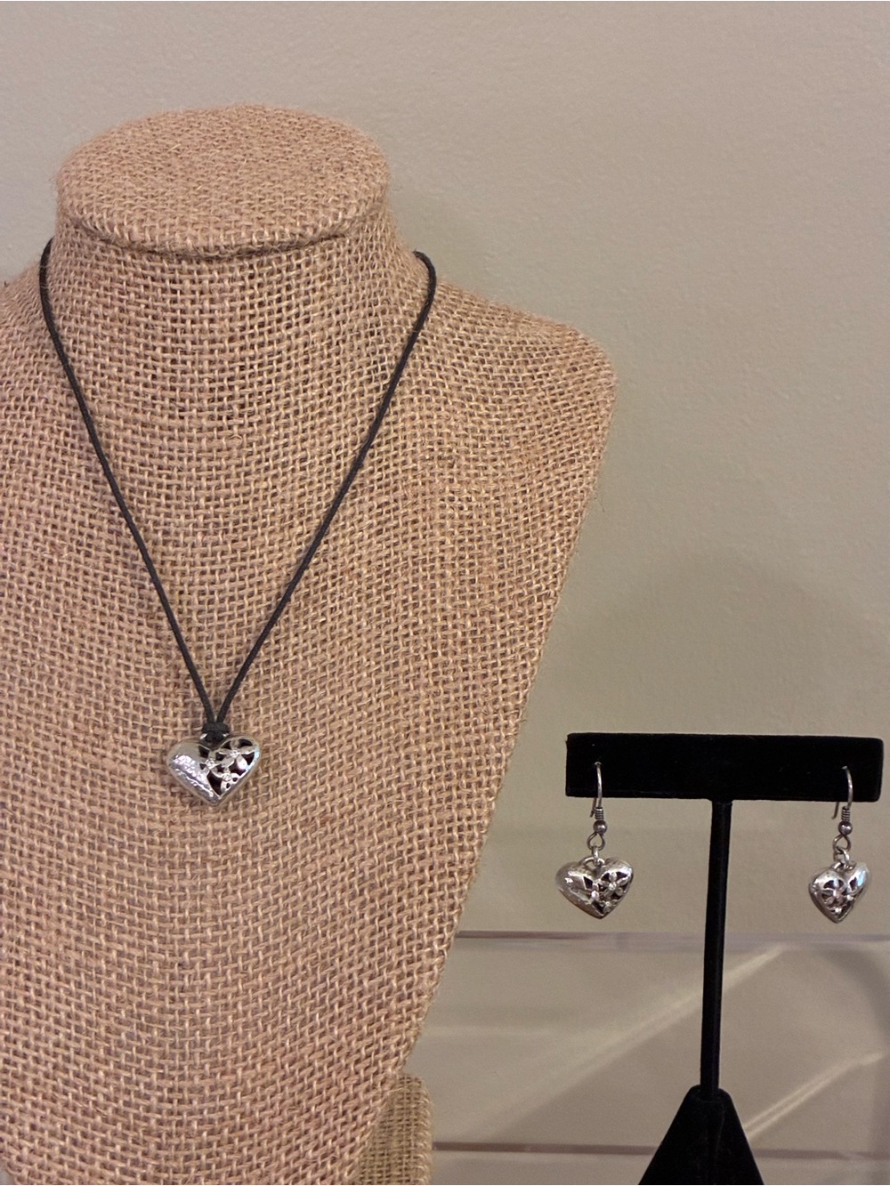 Brighton Silver Heart Pendant Necklace with Black Cord and Matching Earrings